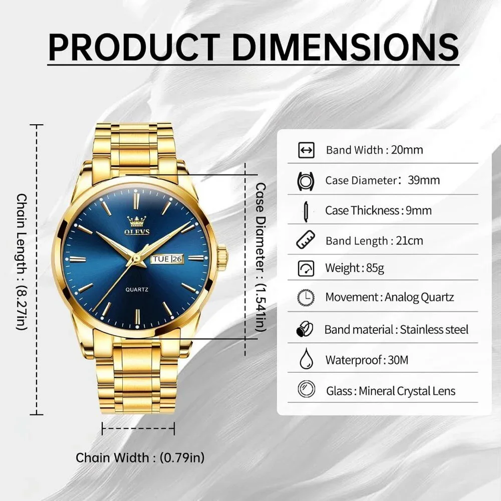 Olevs Men's Gold Steel Blue-Dial Waterproof Stainless Luminous Stylish Watch